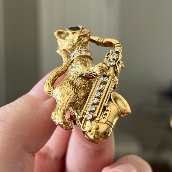 1928 “Cool Cat The Jazz Meo-sician Pin” Sunglasses Saxophone Kitten Gold Brooch - Picture 7 of 12